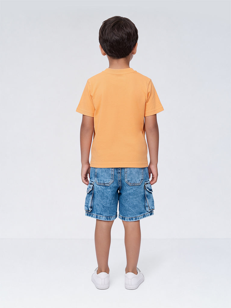 HOP Kids Boys Orange Graphic Printed Cotton T-Shirt