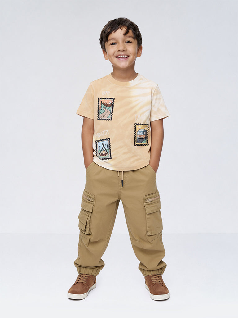 HOP Kids Boys Taupe Tie-Dye Design Cotton T-Shirt