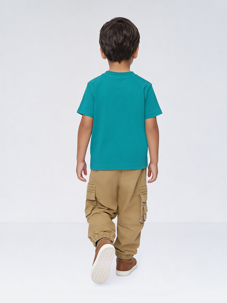 HOP Kids Boys Teal Printed Cotton T-Shirt