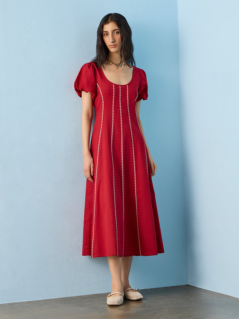 Bombay Paisley Red Printed Cotton-Blend A-Line Dress