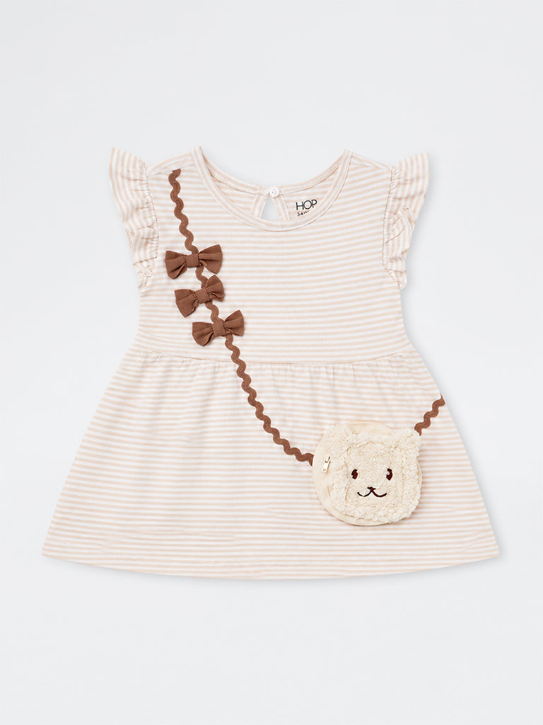 HOP Kids Girls Beige Striped Sling-Bag Design Cotton A-Line Dress