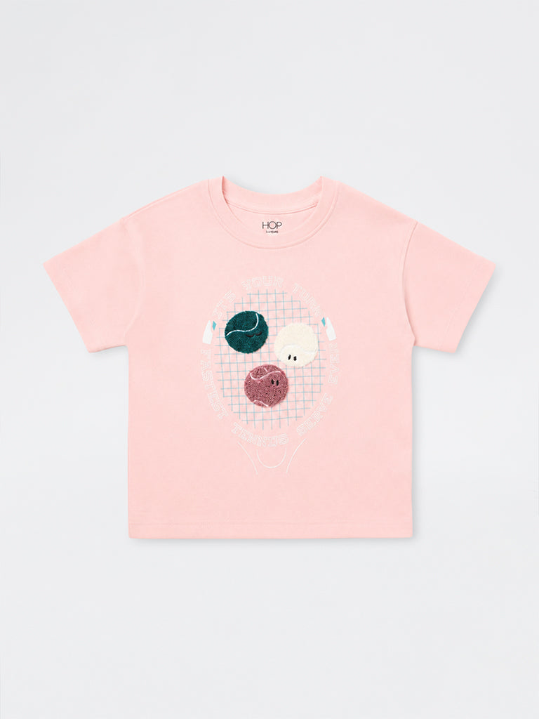 HOP Kids Girls Pink Tennis-Theme Cotton-Blend T-Shirt