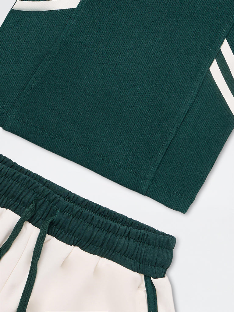 Girls Green Ribbed T-Shirt and Shorts Set