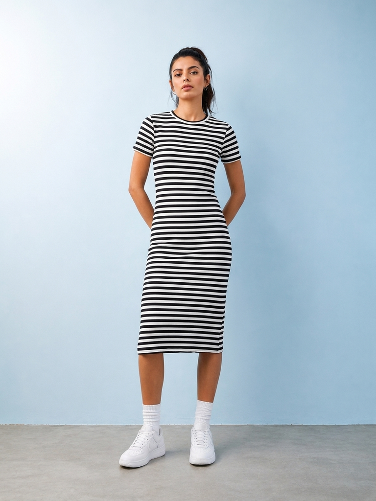 Nuoflexx Black Striped Cotton-Blend Bodycon Dress