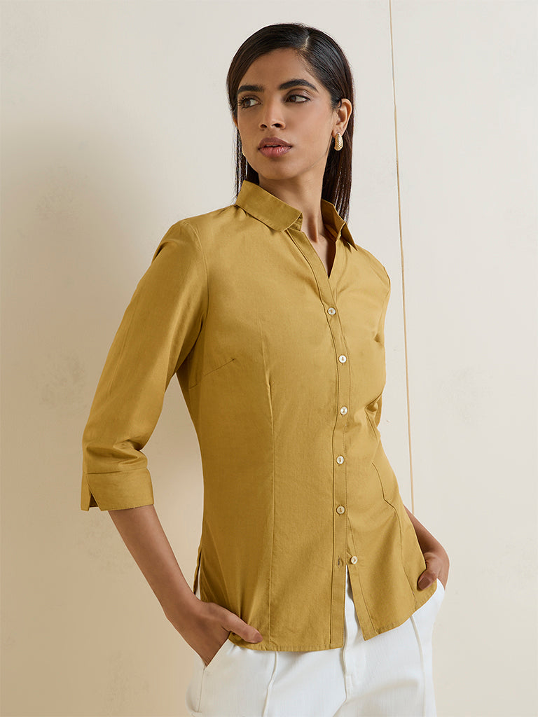 Wardrobe Mustard Solid Cotton-Blend Shirt