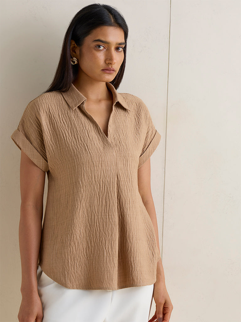 Wardrobe Beige Crinkled Cotton-Blend Blouse