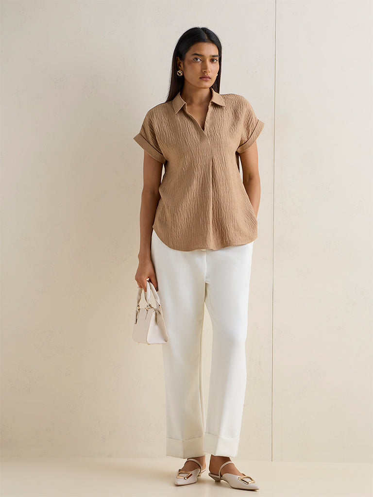 Wardrobe Beige Crinkled Cotton-Blend Blouse