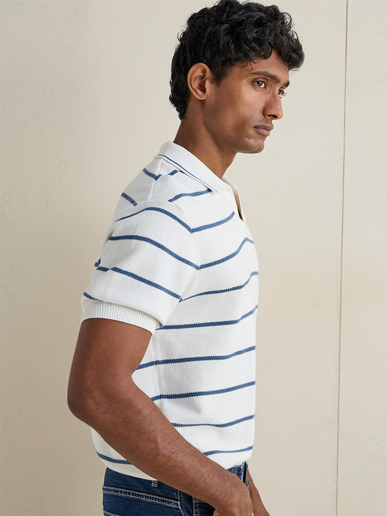 WES Casuals Off-White Striped Relaxed-Fit Cotton T-Shirt