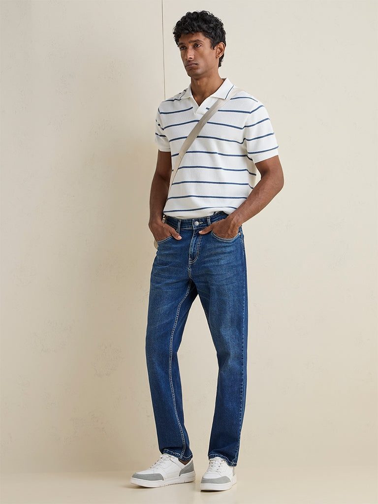 WES Casuals Off-White Striped Relaxed-Fit Cotton T-Shirt
