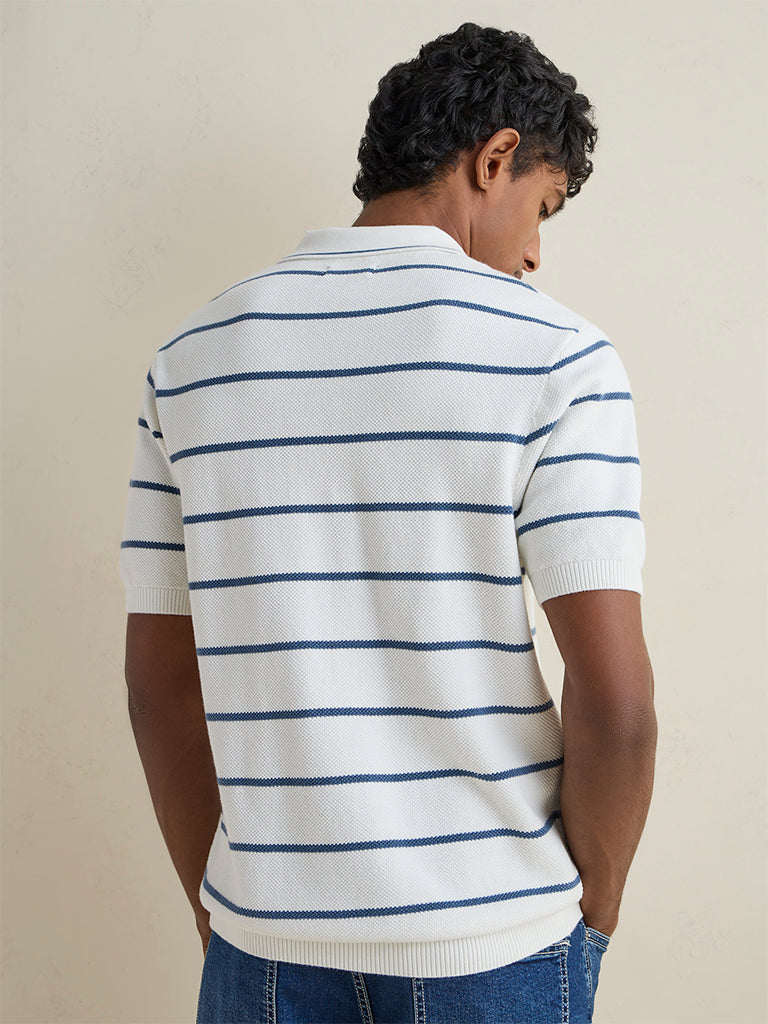 WES Casuals Off-White Striped Relaxed-Fit Cotton T-Shirt