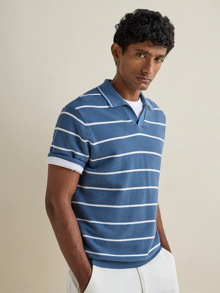 WES Casuals Dusty Blue Striped Relaxed-Fit Cotton T-Shirt
