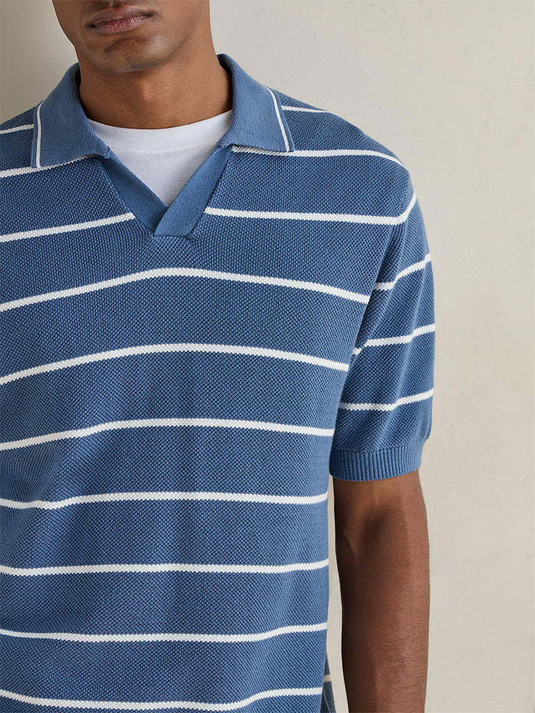 WES Casuals Dusty Blue Striped Relaxed-Fit Cotton T-Shirt