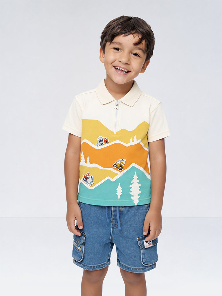HOP Kids Boys Off-White Printed Quarter-Zip Cotton T-Shirt