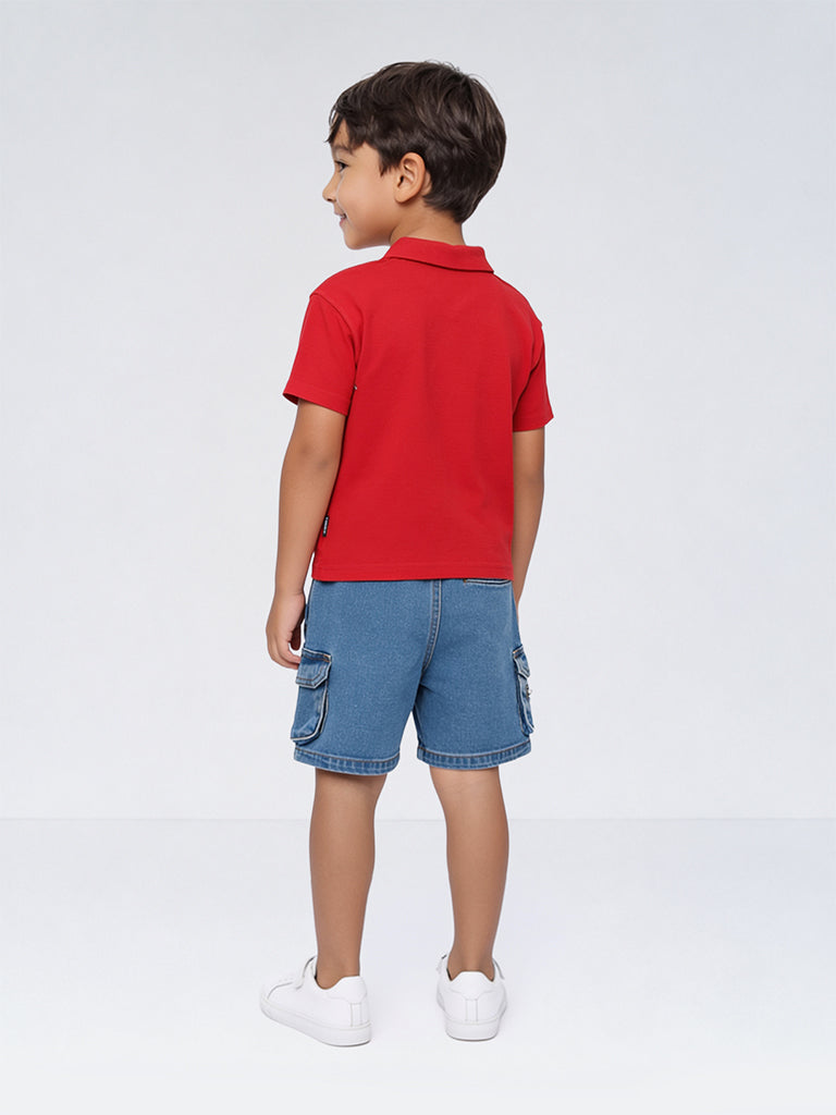 HOP Kids Boys Red Embroidered Quarter-Zip Cotton T-Shirt
