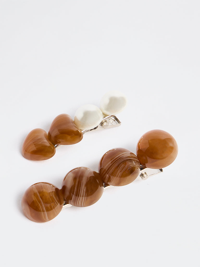 Westside Accessories Brown Pearl Detail Hair Clips - Pack of 2