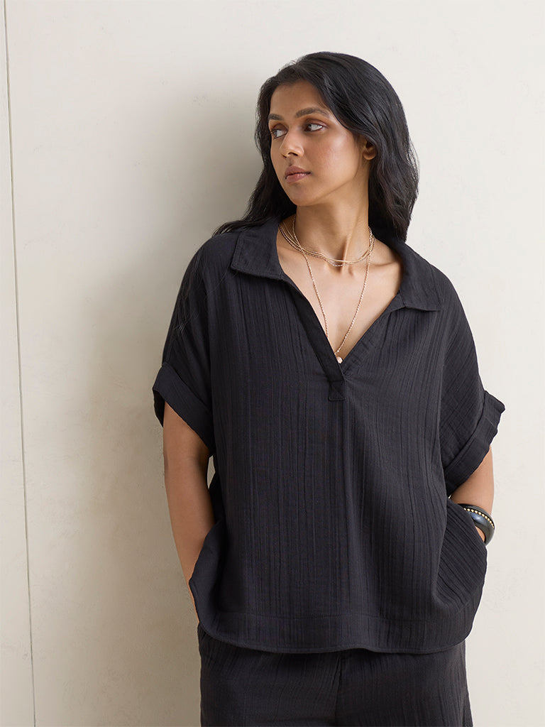 Wunderlove Black Crinkle-Textured Cotton Beach Top