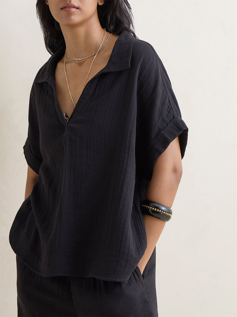 Wunderlove Black Crinkle-Textured Cotton Beach Top