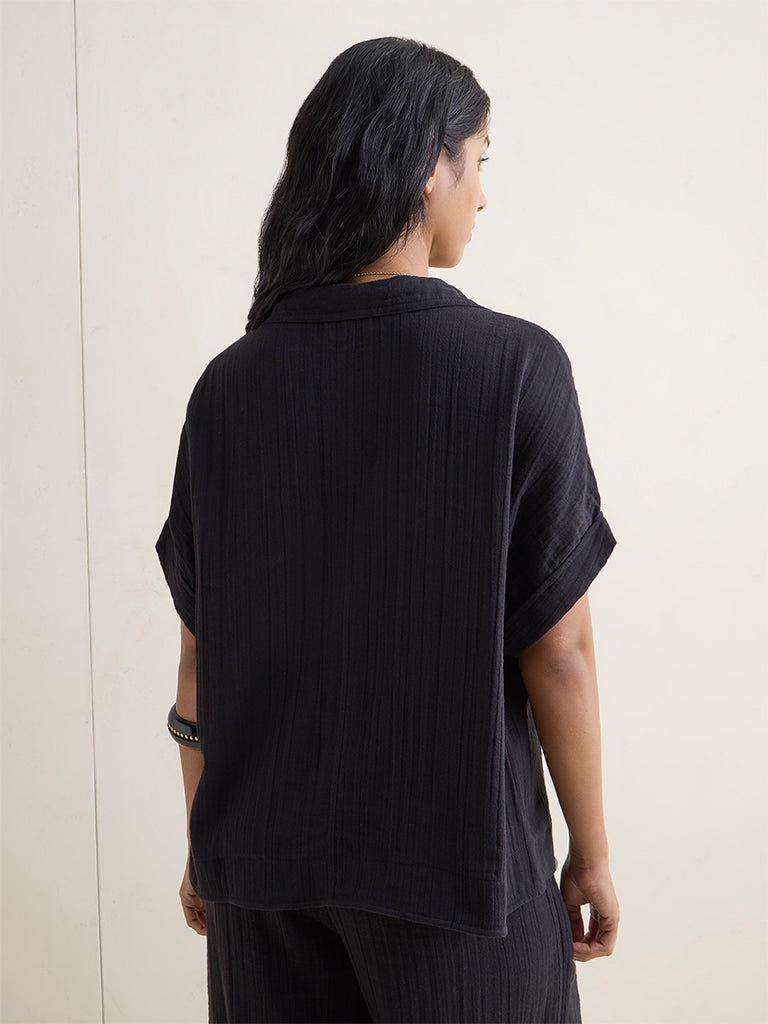 Wunderlove Black Crinkle-Textured Cotton Beach Top