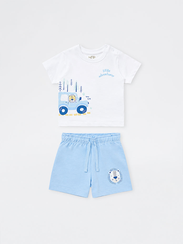 HOP Baby Boys White Graphic Printed Cotton T-Shirt and Shorts Set
