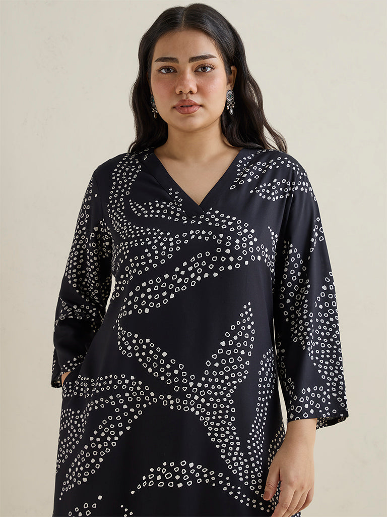 Diza Black Botanical Printed A-Line Kurta