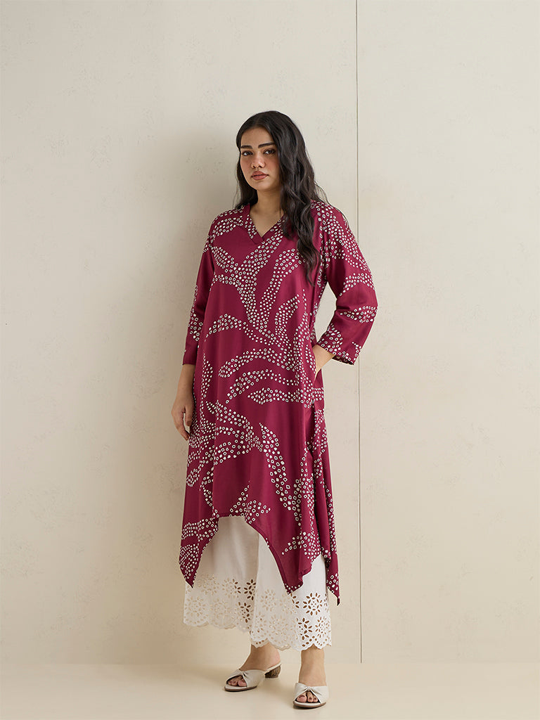 Diza Red Botanical Printed Cotton-Blend A-Line Kurta