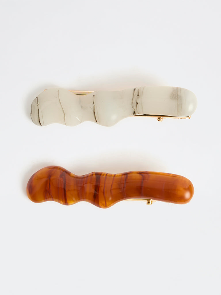 Westside Accessories Off-White and Brown Wavy Hair Clips - Pack of 2