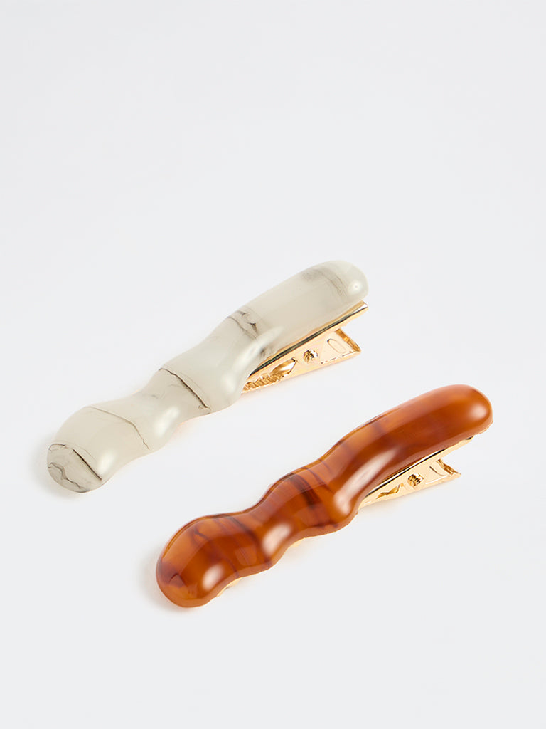 Westside Accessories Off-White and Brown Wavy Hair Clips - Pack of 2
