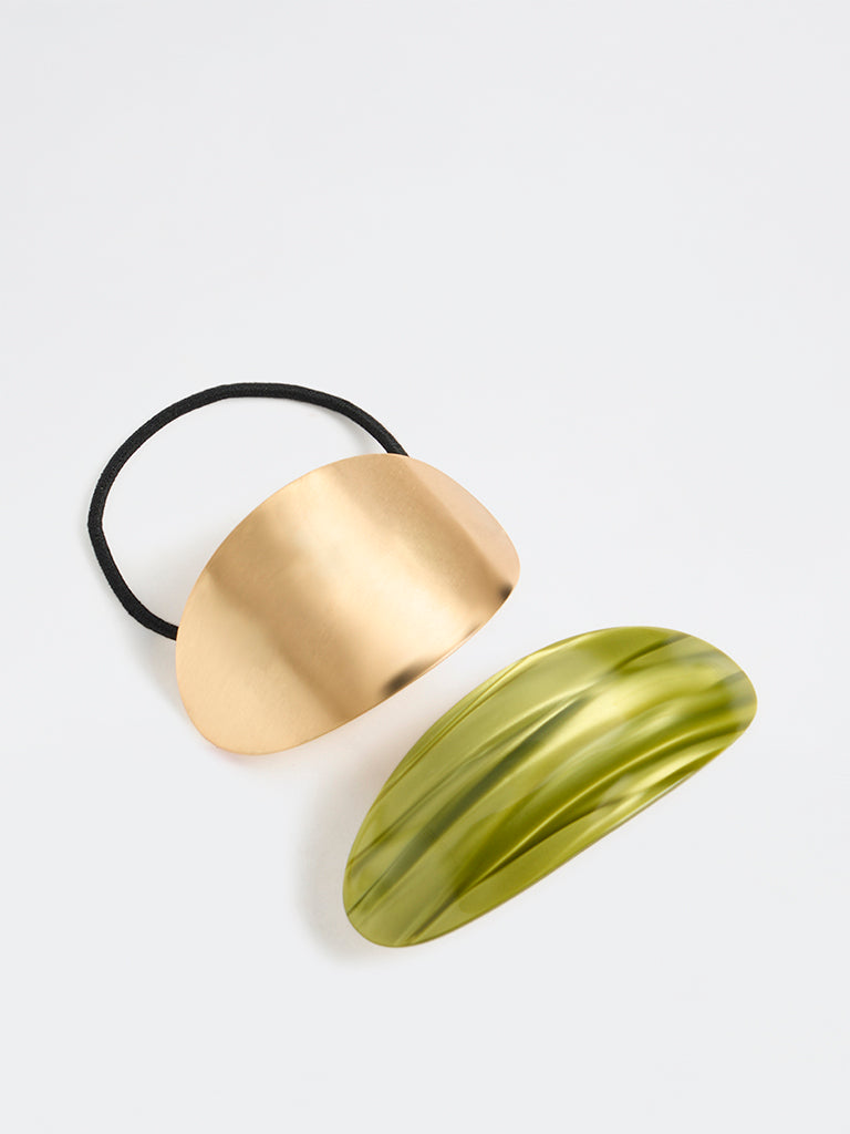 Westside Accessories Gold Scrunchie and Olive Hair Clip - Pack of 2