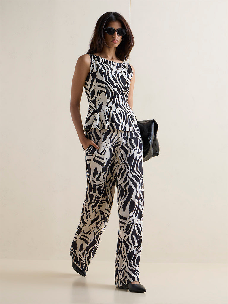 Wardrobe Black and White Zebra Printed Linen-Blend Top