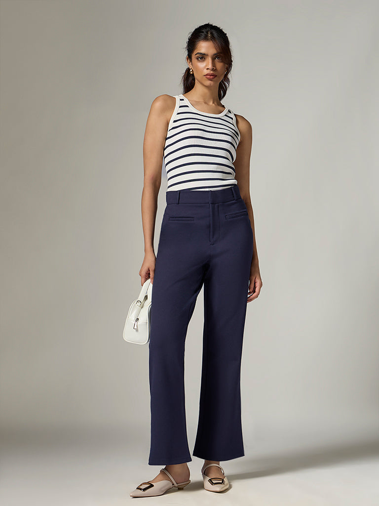 Wardrobe Navy Solid High-Rise Trousers