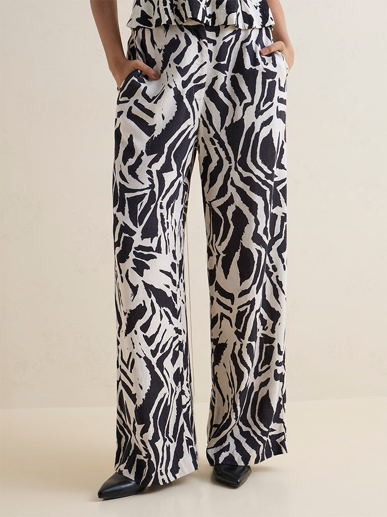 Wardrobe Black and White Zebra Printed High-Rise Linen-Blend Trousers