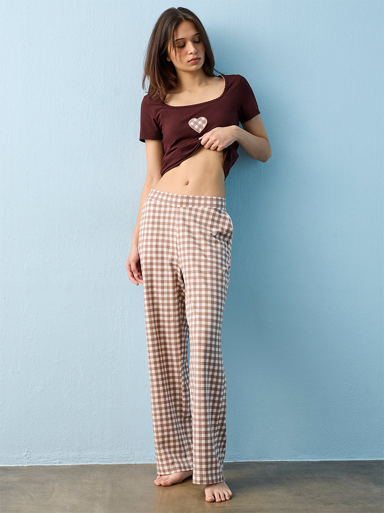 Superstar Brown Checkered High-Rise Cotton-Blend Pants