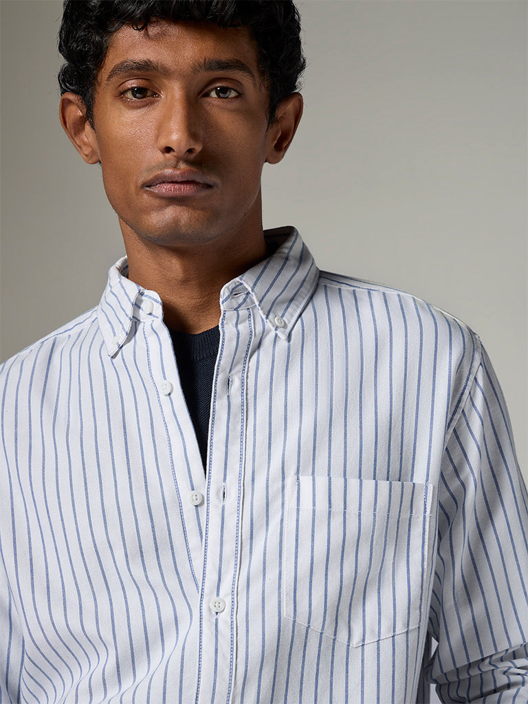 WES Casuals White Striped Relaxed-Fit Cotton Shirt