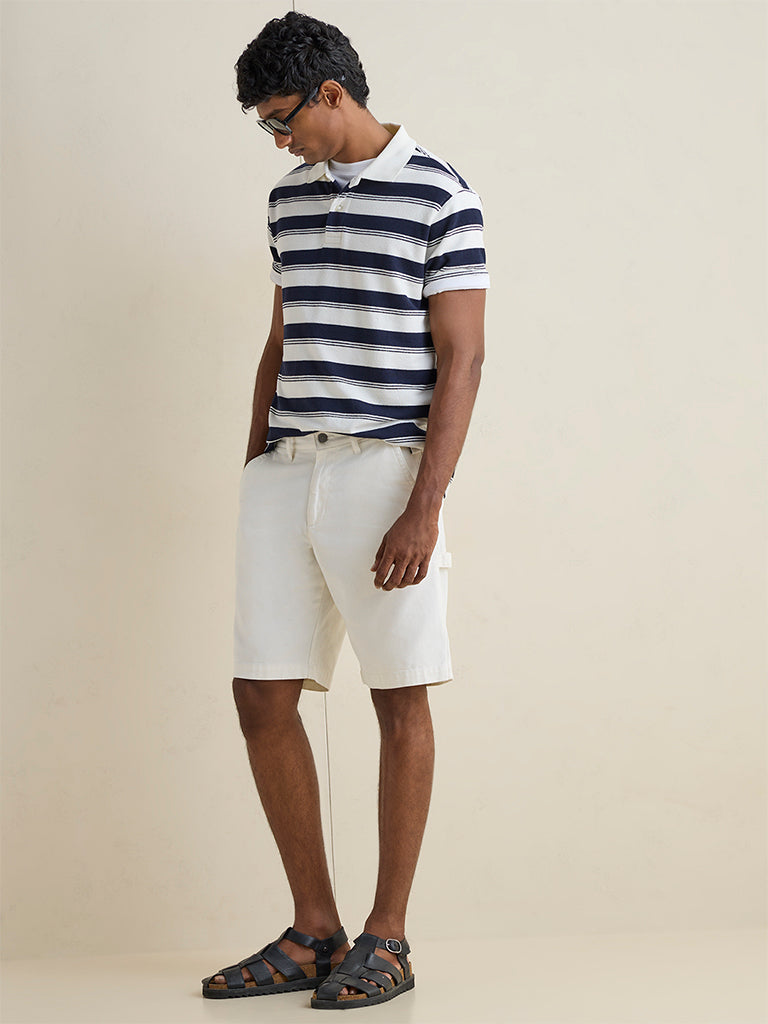 WES Casuals Navy Striped Relaxed-Fit Cotton Polo T-Shirt