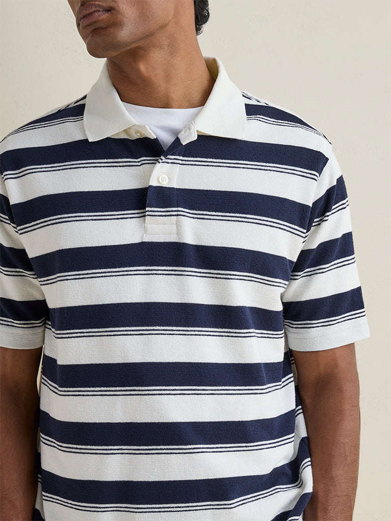 WES Casuals Navy Striped Relaxed-Fit Cotton Polo T-Shirt