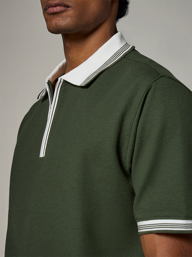 WES Casuals Green Relaxed-Fit Cotton-Blend Polo T-Shirt