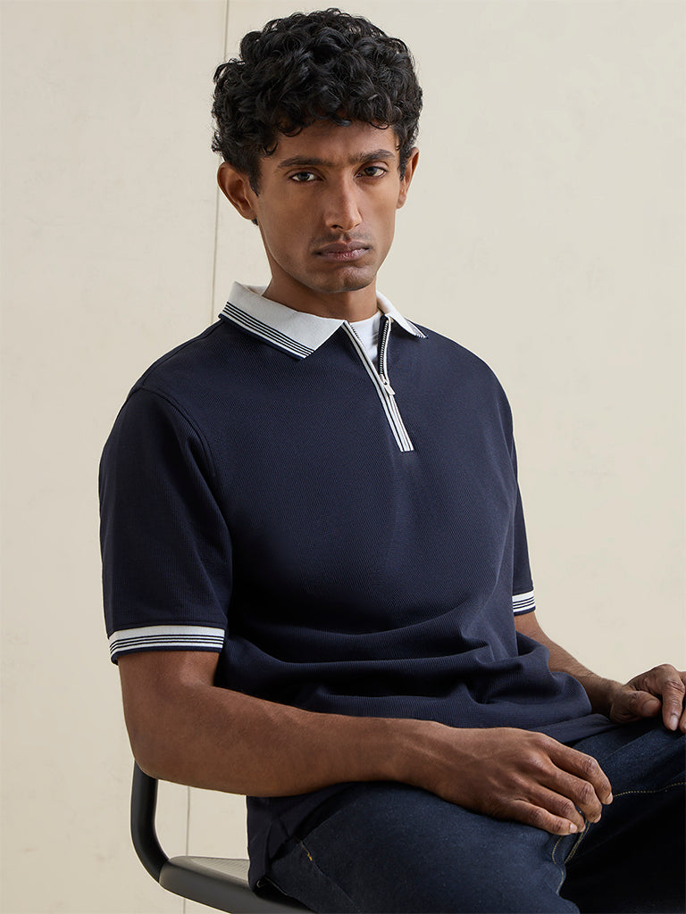 WES Casuals Navy Waffle-Textured Relaxed-Fit Cotton Polo T-Shirt