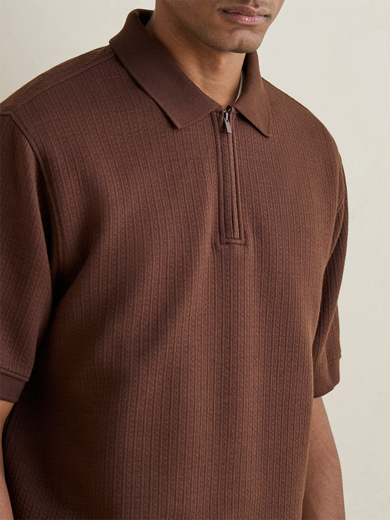 WES Casuals Brown Textured Relaxed-Fit Cotton-Blend Polo T-Shirt