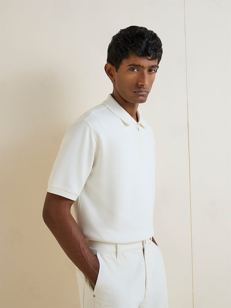 WES Casuals Off-White Textured Relaxed-Fit Cotton-Blend T-Shirt