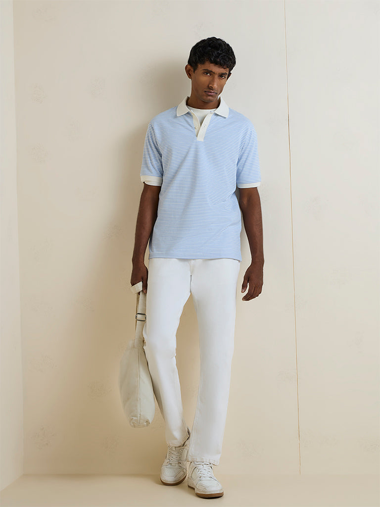WES Casuals Blue Striped Relaxed-Fit Cotton-Blend Polo T-Shirt