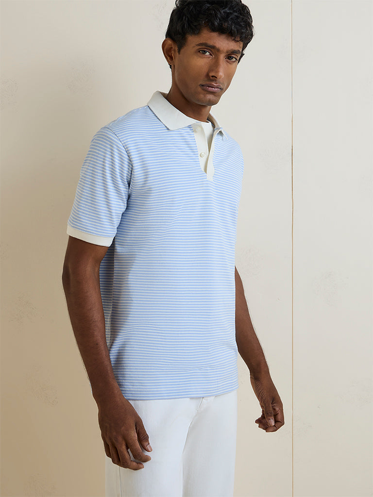 WES Casuals Blue Striped Relaxed-Fit Cotton-Blend Polo T-Shirt