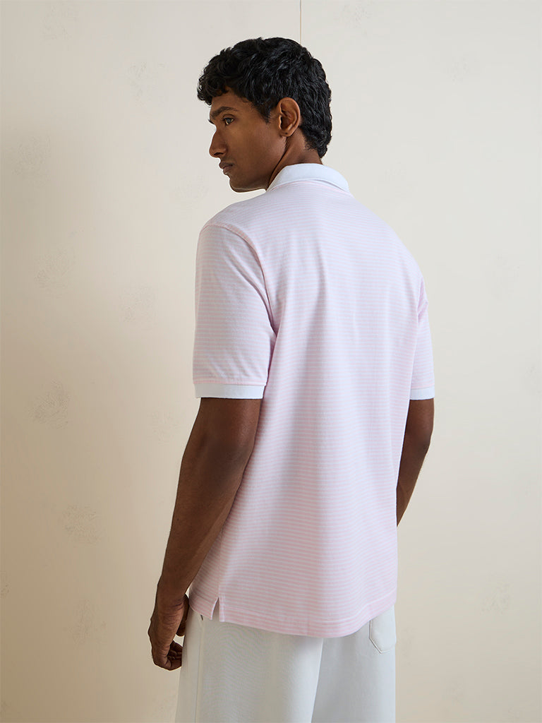 WES Casuals Light Pink Striped Relaxed-Fit Cotton-Blend Polo T-Shirt