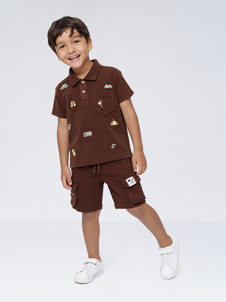 HOP Kids Boys Dark Brown Textured Cotton Polo T-Shirt