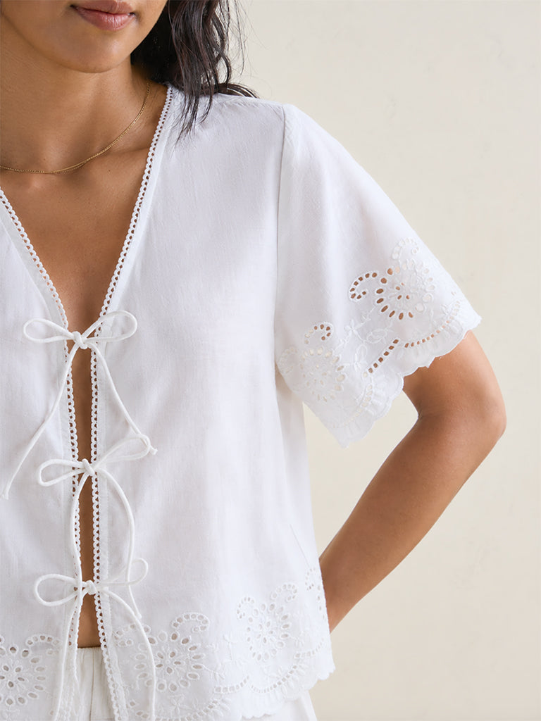 Wunderlove White Broderie Anglaise Cotton Beach Top
