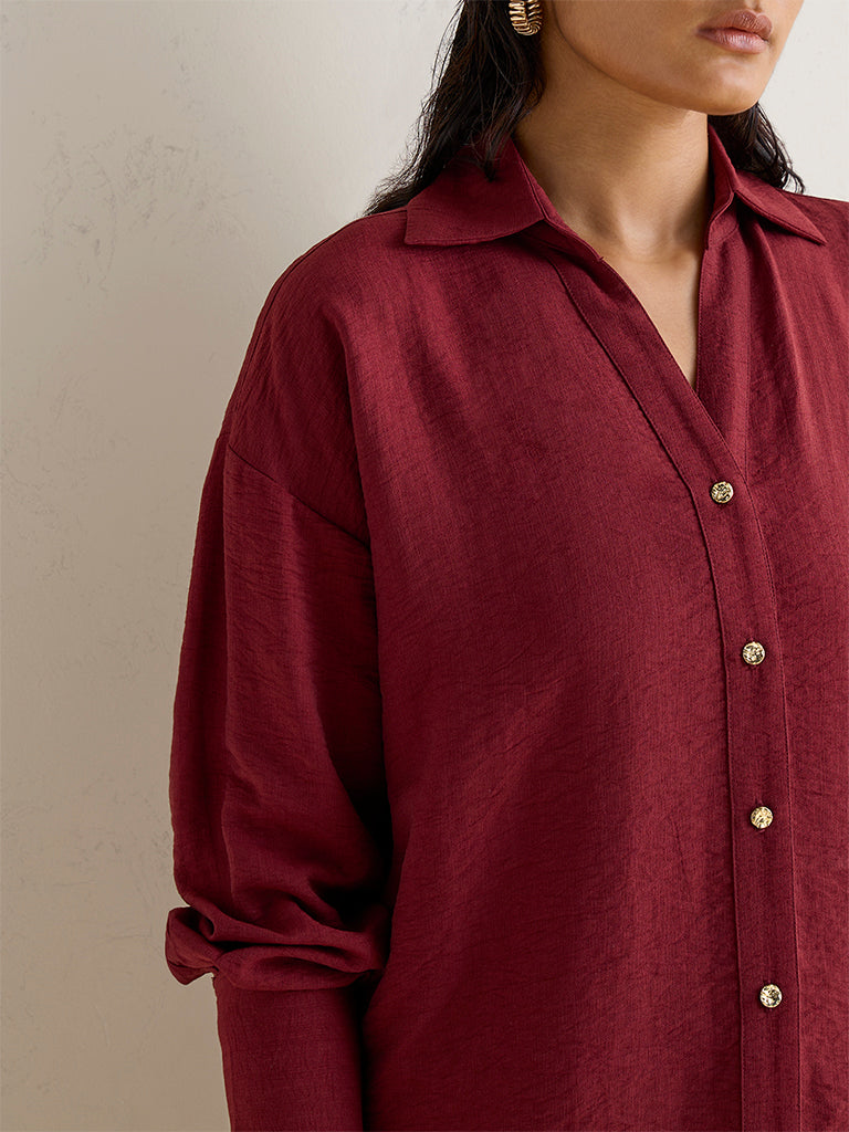 Wardrobe Maroon Self-Textured Cotton Shirt