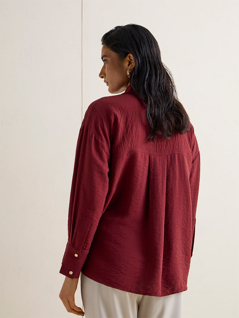 Wardrobe Maroon Self-Textured Cotton Shirt