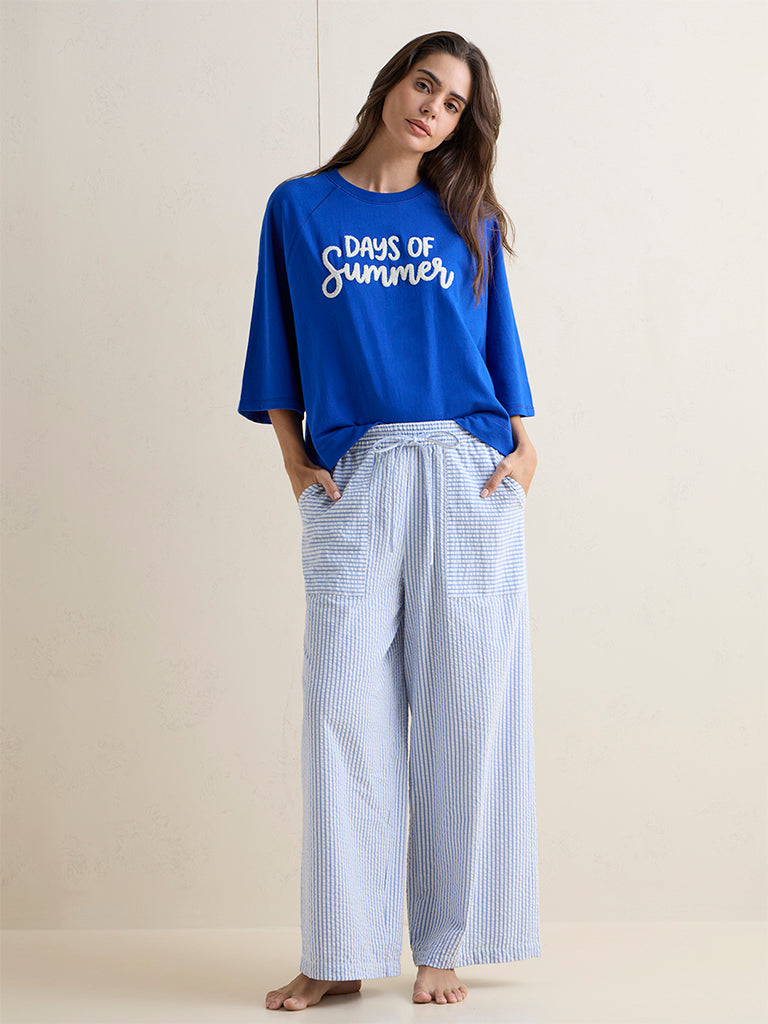 Wunderlove Blue Text Embroidered T-Shirt