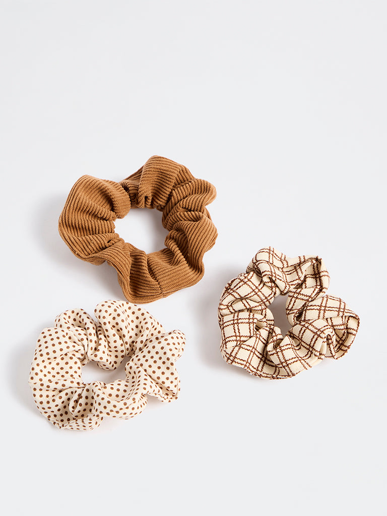 Westside Accessories Brown and Off-White Printed Hair Scrunchies - Pack of 3