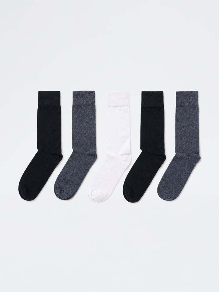 WES Lounge Blue Solid Cotton-Blend Full Length Socks - Pack of 5