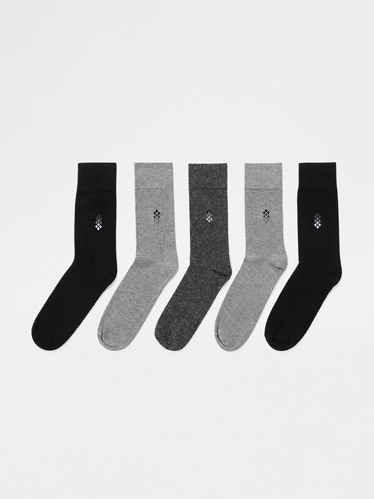 WES Lounge Grey Printed Cotton-Blend Full Length Socks - Pack of 5